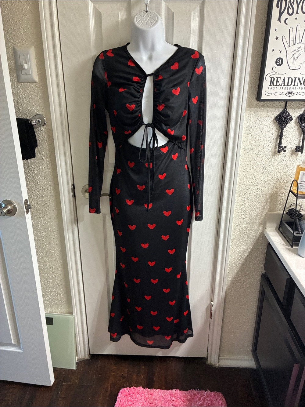 SHEIN Black Maxi Dress with Red Heart Print and Front Cutouts